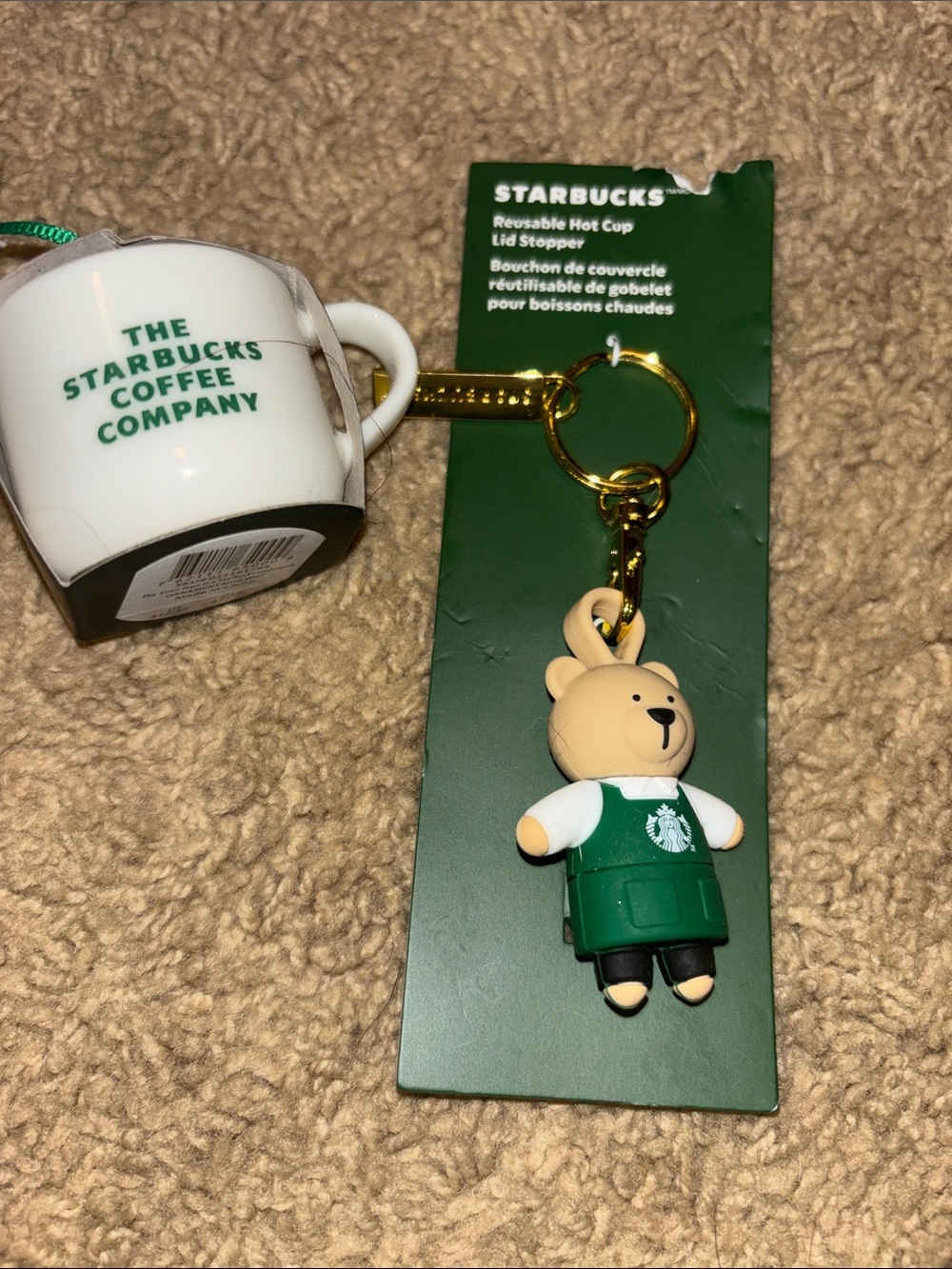 Starbucks Bear Barista Keychain with Green Apron and White Cup Charm